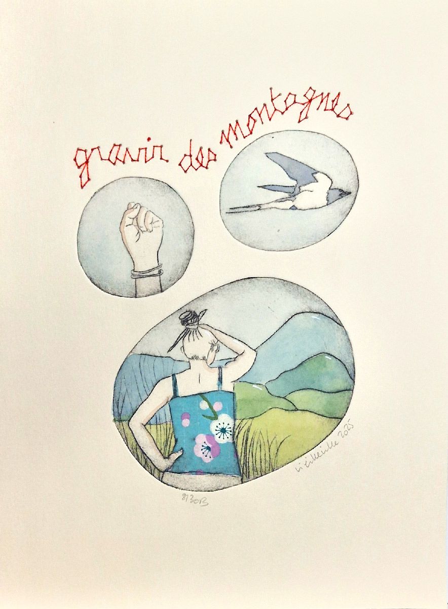 Estampe figuratif petit format bleu et rouge Gravir des montagnes – NAVIEILLEVILLE – 18 × 26 cm