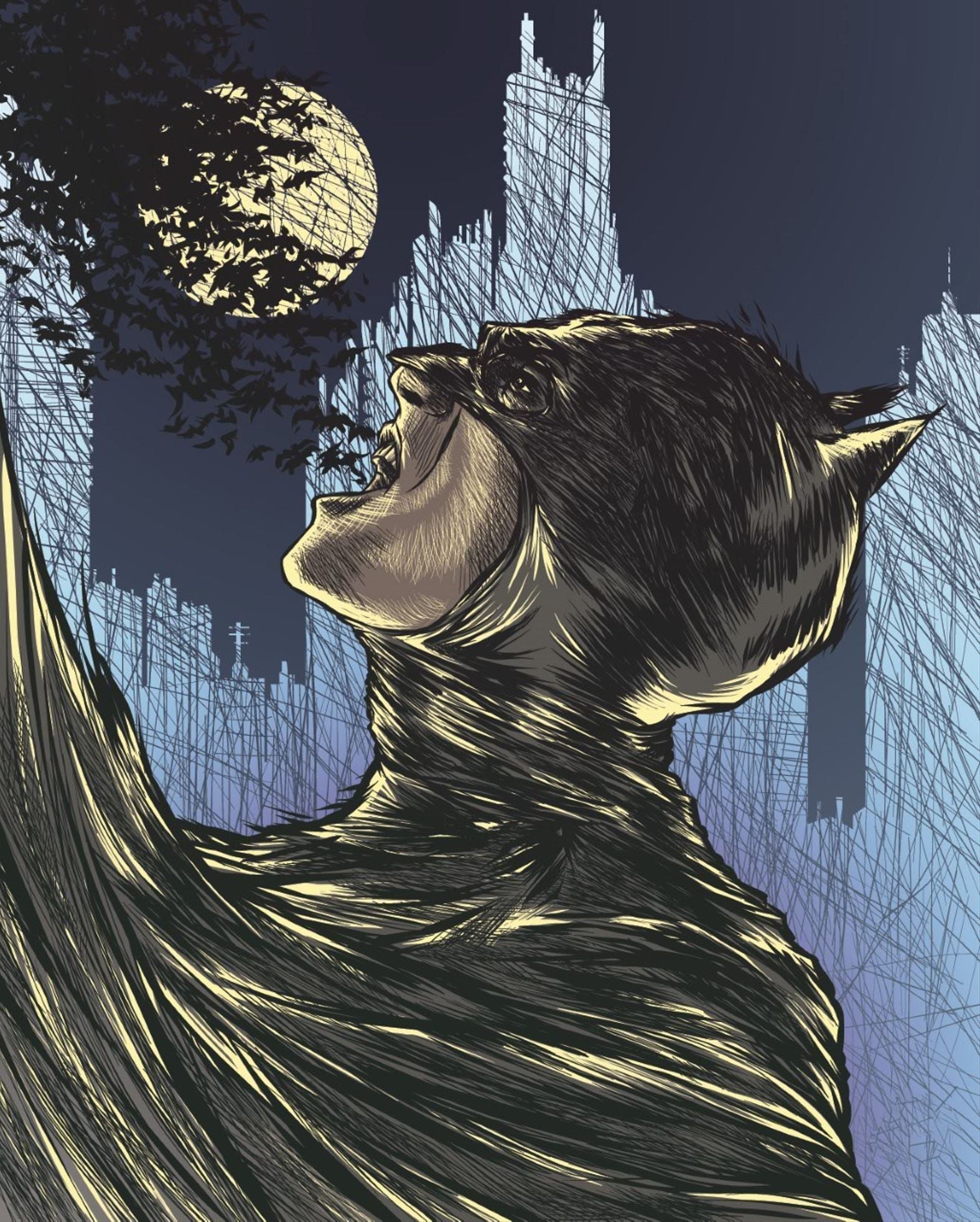 Estampe figuratif petit format bleu et vert I'am Gotham – Carlos Olmo – 40 × 50 cm