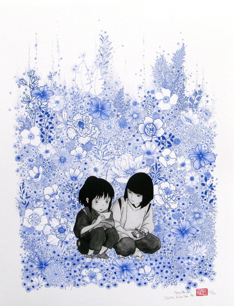 Estampe figuratif petit format FLOWER CHIHIRO bleu – CAMILLE POLI – 30 × 40 cm