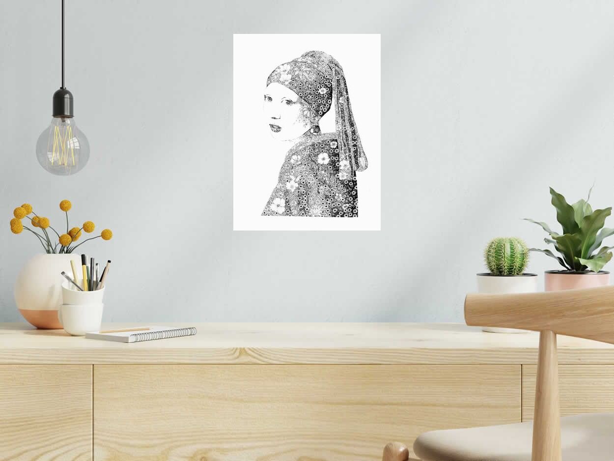 Estampe JEUNE FILLE AUX FLEURS de CAMILLE POLI dans un intérieur – 40 × 30 cm