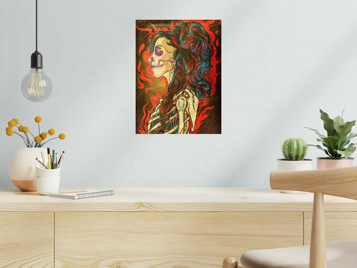 Estampe Amy on fire de Carlos Olmo dans un intérieur – 30 × 40 cm