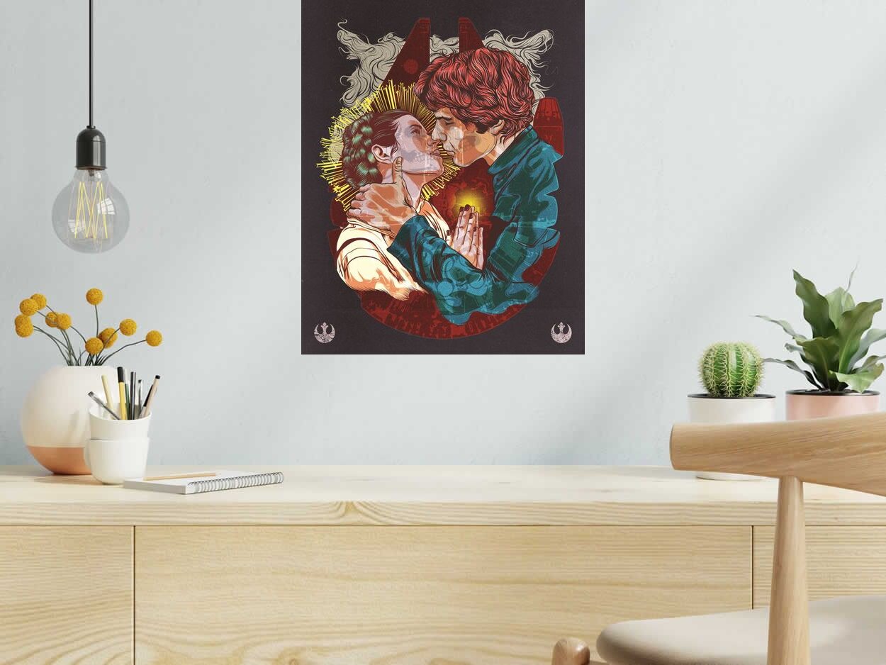 Estampe Galactik Kiss de Carlos Olmo dans un intérieur – 40 × 50 cm