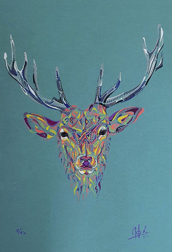 Estampe figuratif petit format gris TETE DE CERF – MOX – 20 × 30 cm