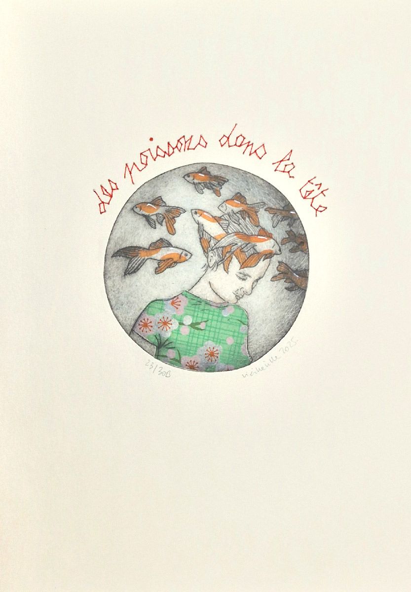 Estampe figuratif petit format Des poissons dans la tête – NAVIEILLEVILLE – 18 × 26 cm