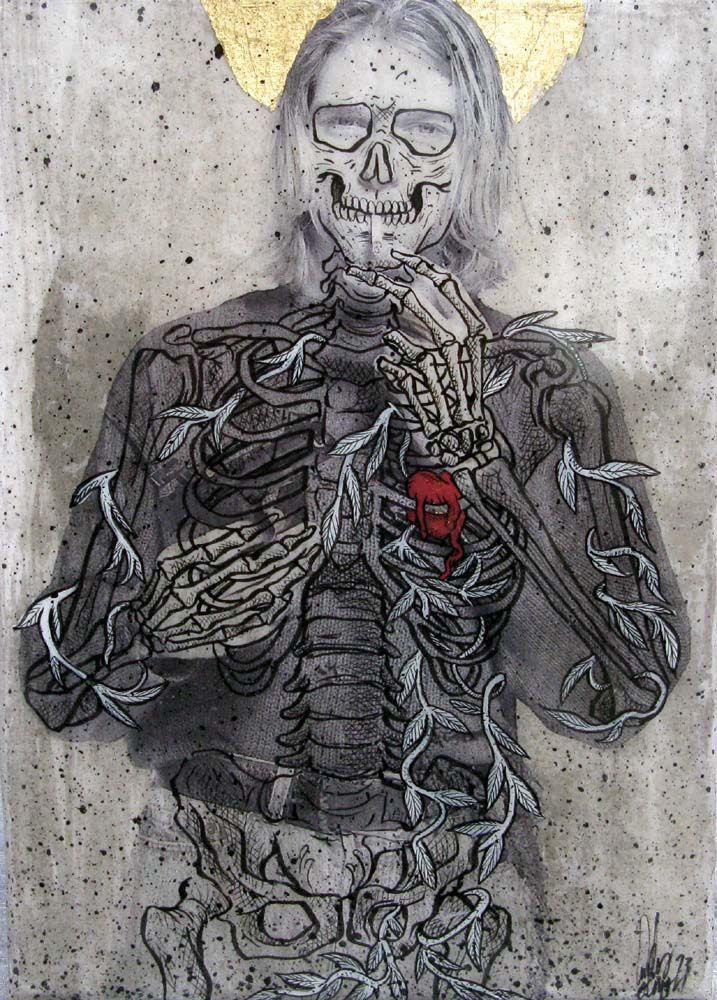 Estampe figuratif petit format noir Kurt Cobain – Carlos Olmo – 19 × 27 cm
