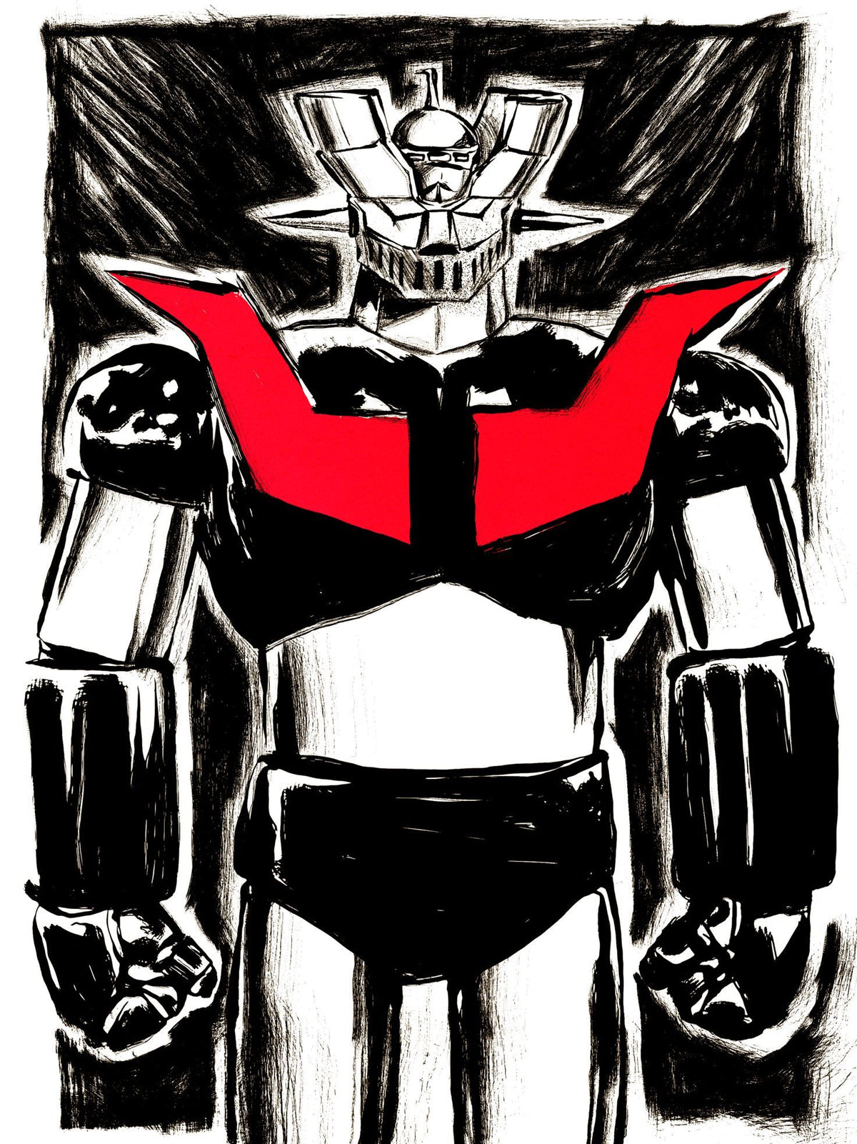 Estampe figuratif petit format noir et rouge Mazinger Z – Carlos Olmo – 30 × 40 cm