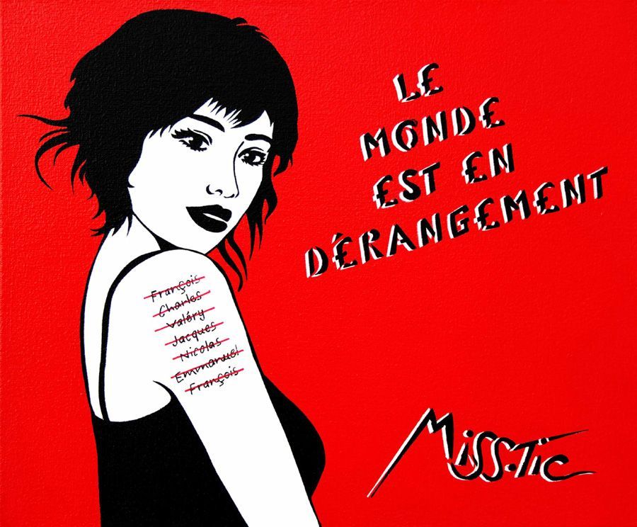 Estampe figuratif petit format noir et rouge LE MONDE EST EN DÉRANGEMENT – MISS TIC – 40 × 50 cm