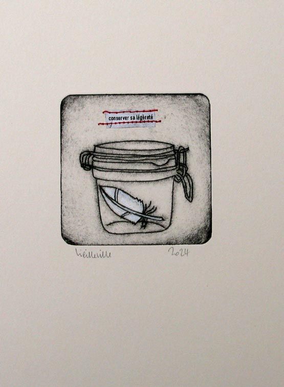Estampe figuratif petit format noir et rouge Conserver sa légèreté – NAVIEILLEVILLE – 15 × 20 cm