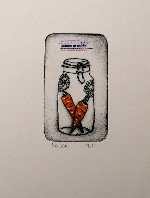 Estampe figuratif petit format noir et rouge son amabilité – NAVIEILLEVILLE – 15 × 20 cm