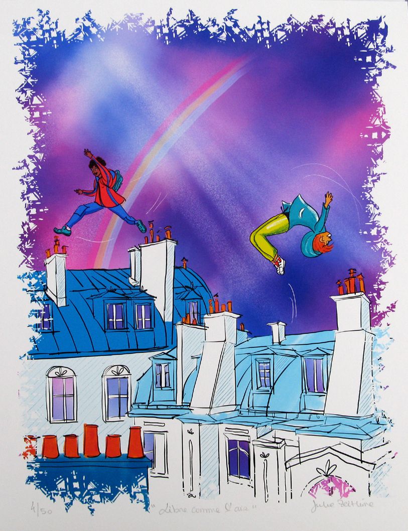 Estampe figuratif petit format rose LIBRE COMME L'AIR – JULIE ZEITLINE – 30 × 40 cm