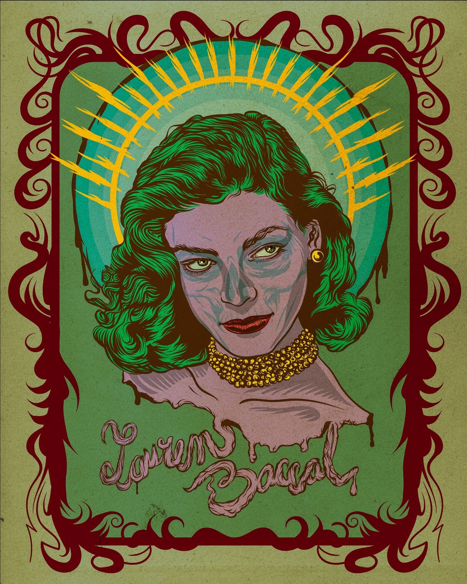 Estampe figuratif petit format rouge et vert Lauren Bacall – Carlos Olmo – 40 × 50 cm