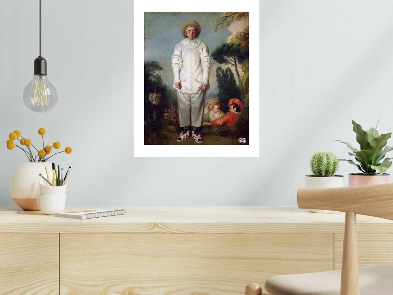 Estampe Pierrot to the moon de SHUZ dans un intérieur – 40 × 50 cm