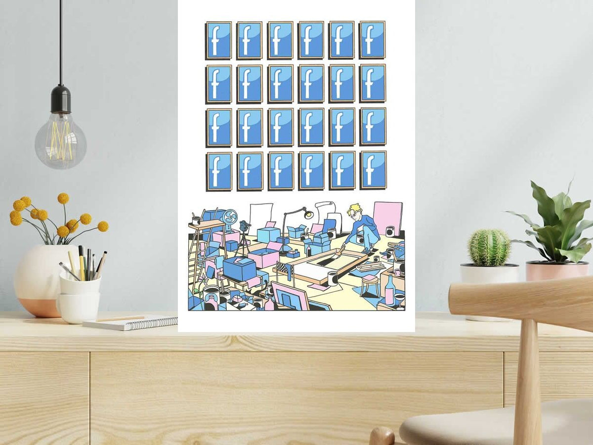 Estampe 24 Heures Facebook de Mark Temlett dans un intérieur – 50 × 70 cm
