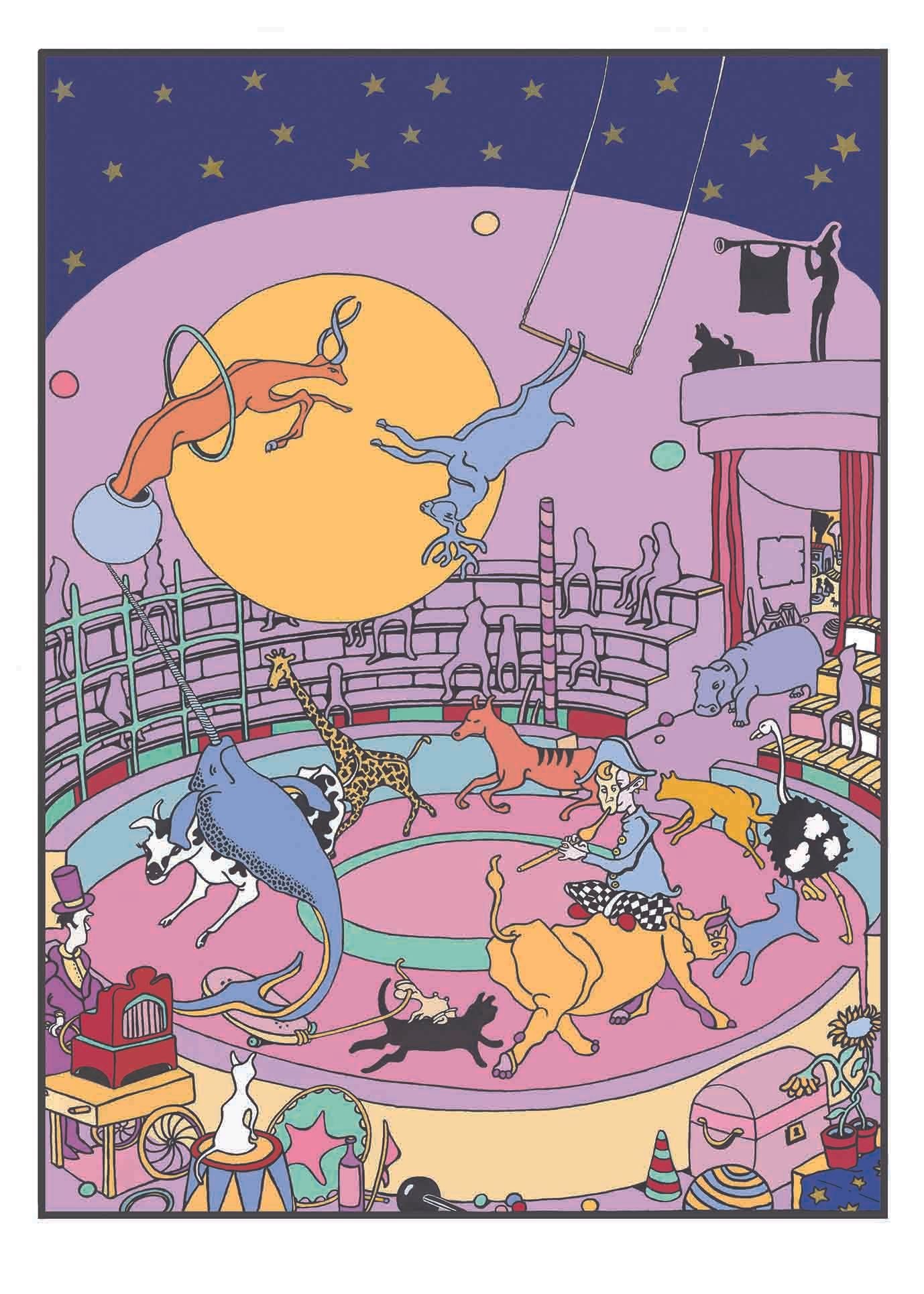 Estampe graphique moyen format rose et violet Le Cirque – Mark Temlett – 50 × 70 cm