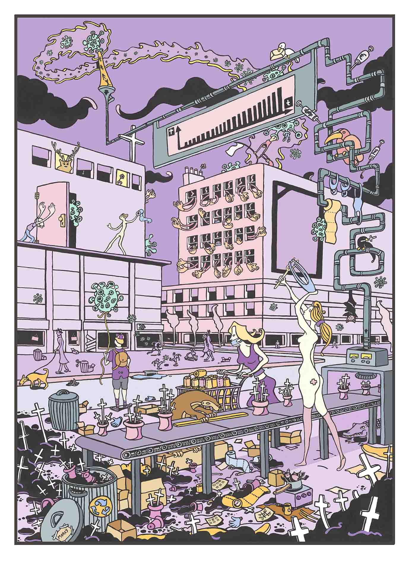 Estampe graphique moyen format rose et violet Machine Infernale – Mark Temlett – 50 × 70 cm