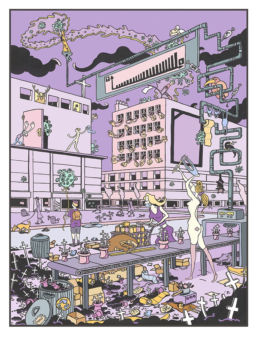 Estampe graphique petit format bleu et jaune Machine infernale – Mark Temlett – 30 × 40 cm