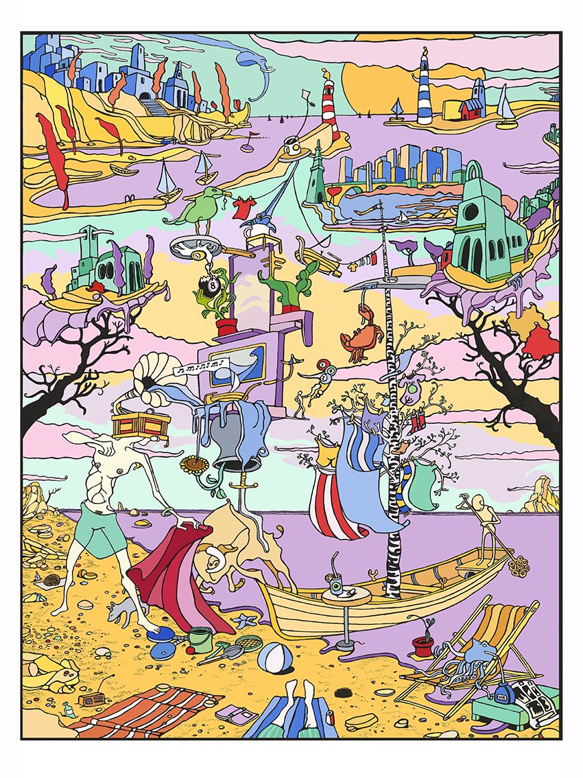 Estampe graphique petit format bleu et jaune Paysage sur la plage – Mark Temlett – 30 × 40 cm