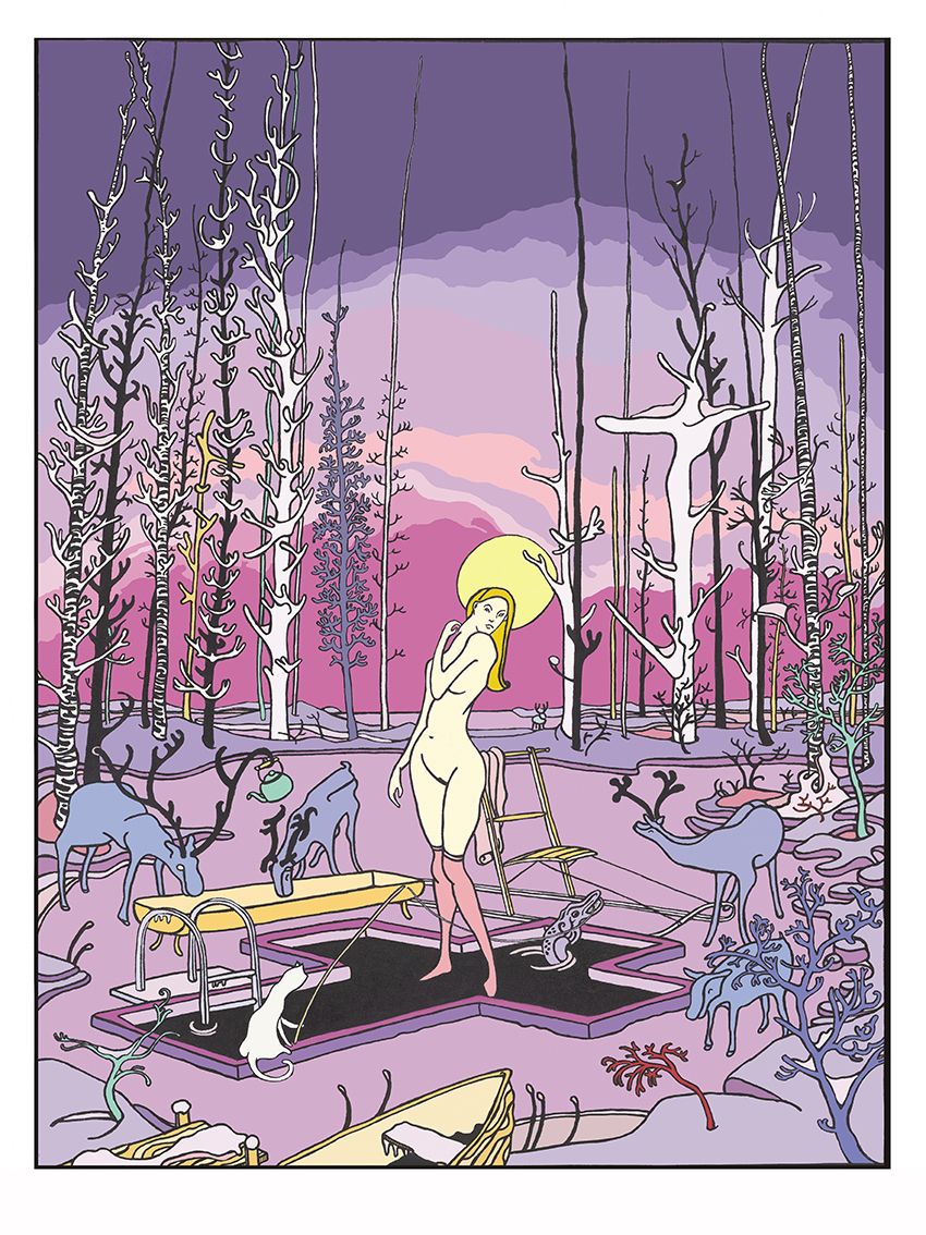 Estampe graphique petit format bleu et jaune Vénus de minuit – Mark Temlett – 30 × 40 cm