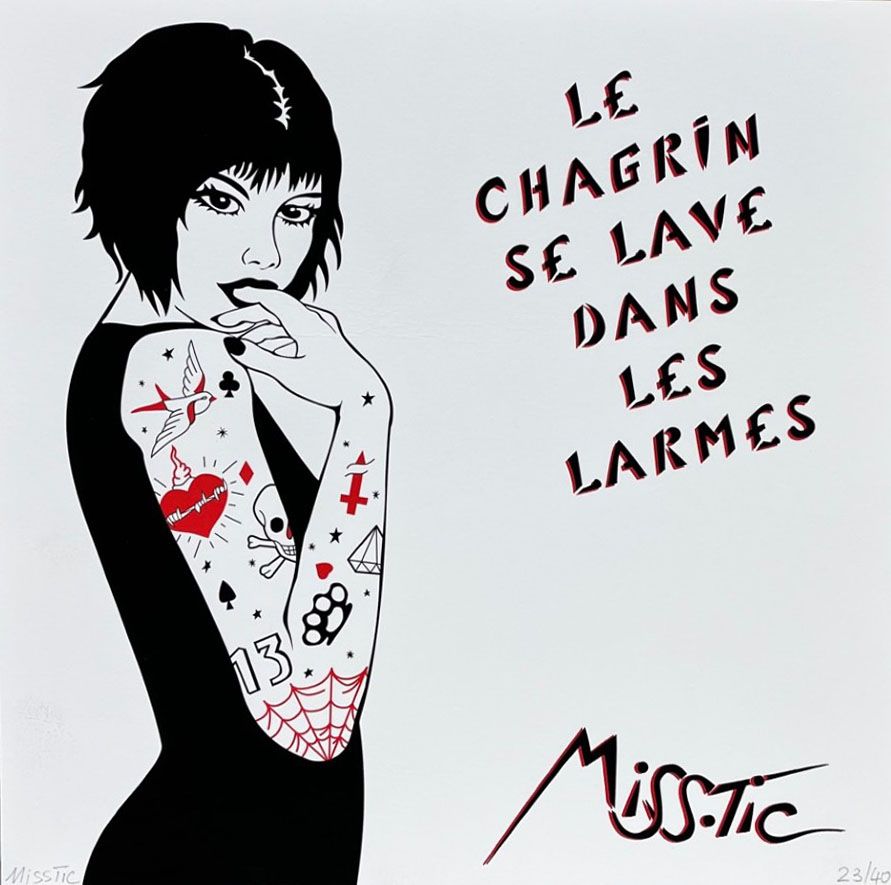 Estampe petit format LE CHAGRIN SE LAVE DANS LE LARMES E/A10 – MISS TIC – 30 × 30 cm