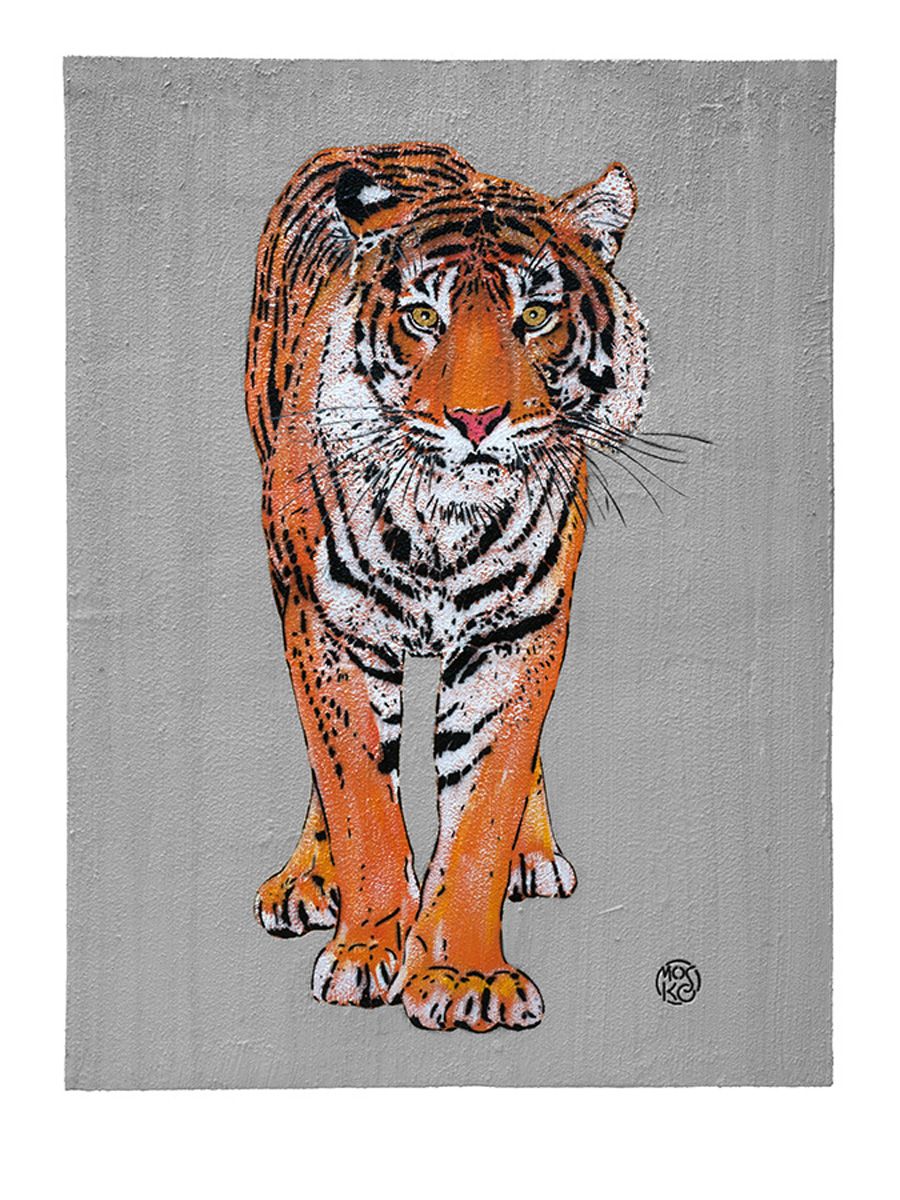 Estampe street art moyen format jaune TIGRE DE FACE – MOSKO – 50 × 65 cm