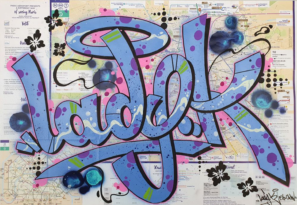 Estampe street art petit format bleu LADY K IN PARIS – LADY K – 30 × 40 cm