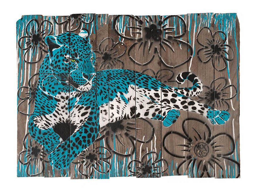 Estampe street art petit format bleu et noir PANTHERE ALLONGÉE – MOSKO – 30 × 40 cm