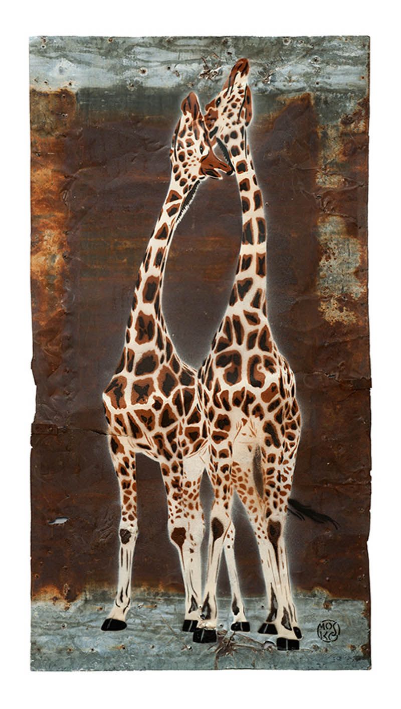 Estampe street art petit format gris 2 GIRAFES RECTO – MOSKO – 34 × 60 cm