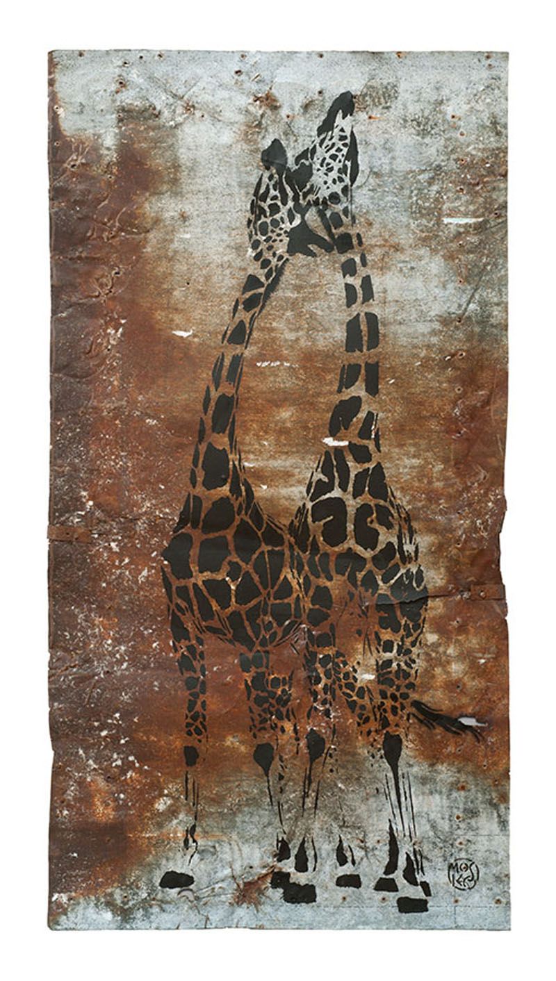 Estampe street art petit format gris 2 GIRAFES VERSO – MOSKO – 34 × 60 cm