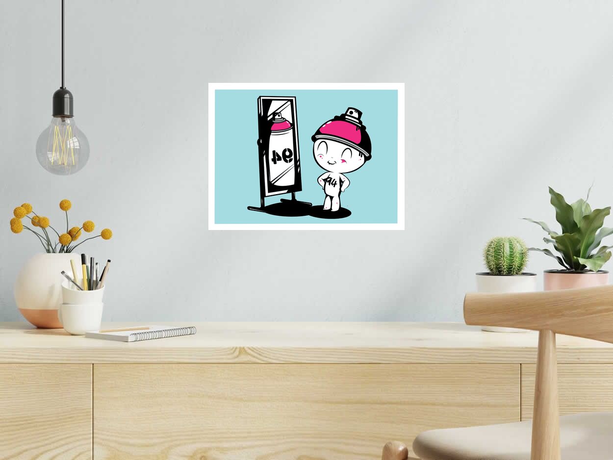 Estampe SELF ESTEEM BLUE de JUAN SPRAY dans un intérieur – 30 × 40 cm