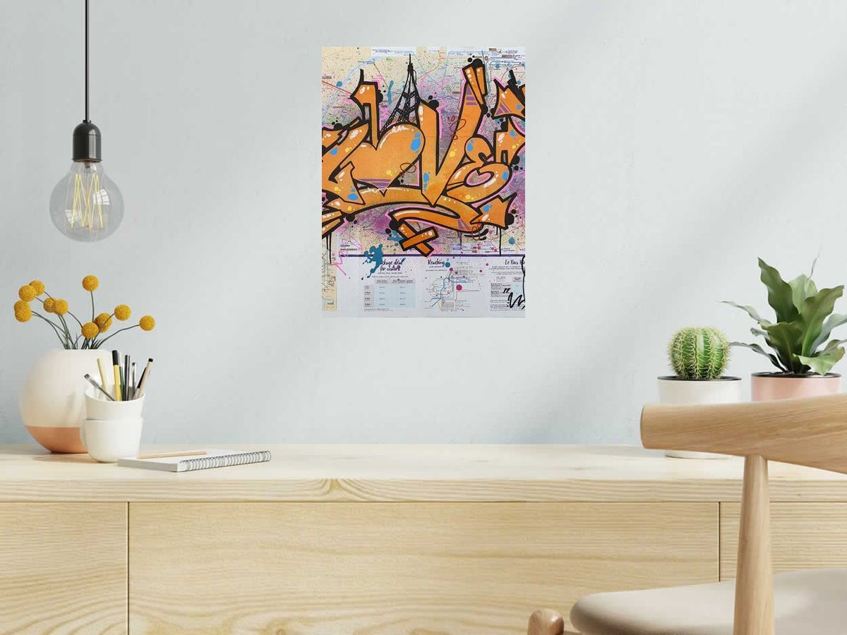 Estampe ORANGE LOVE IN PARIS de LADY K dans un intérieur – 30 × 40 cm