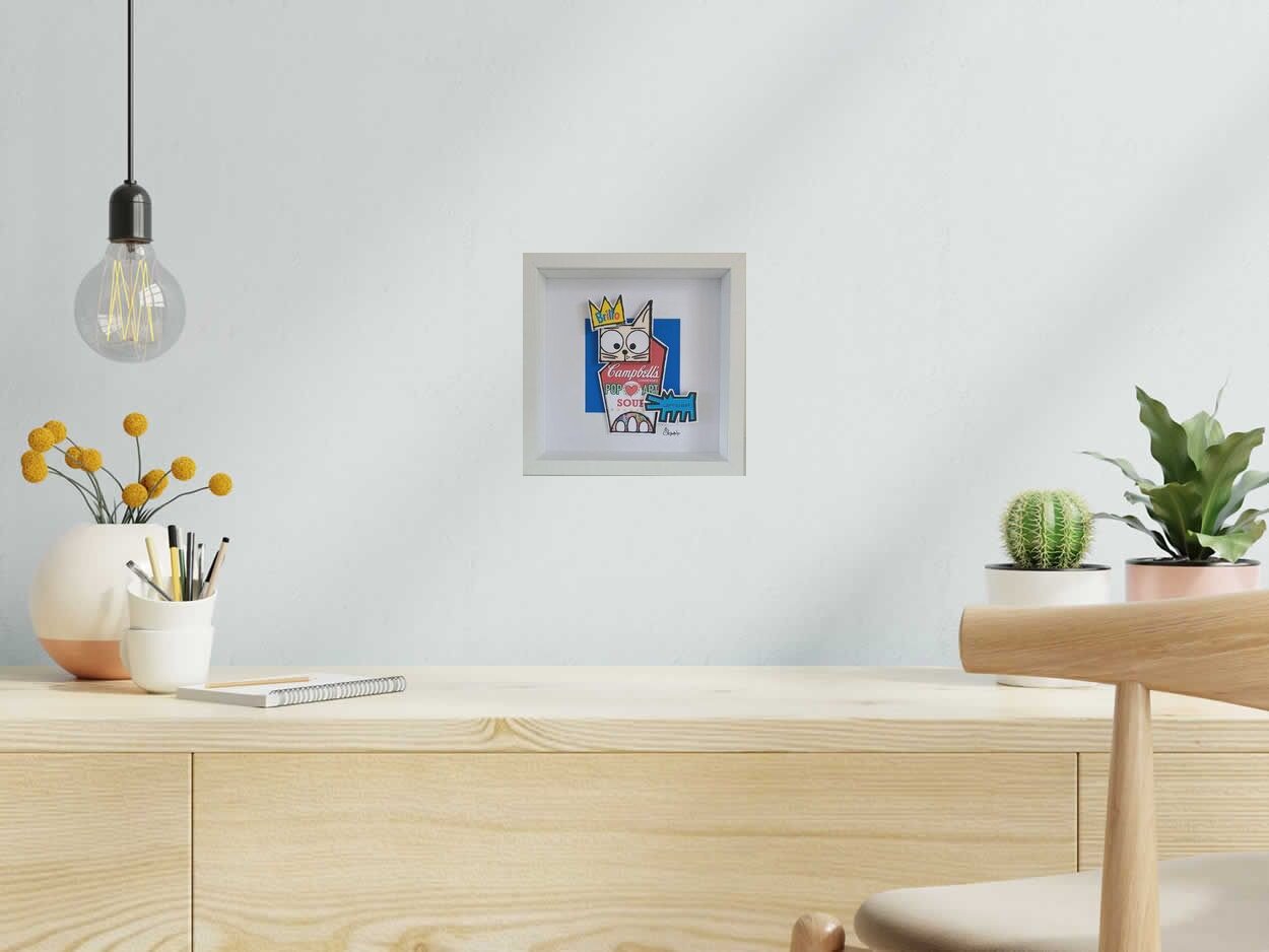 Estampe Pop Art Cat de Stephanie Godann dans un intérieur – 22 × 22 cm