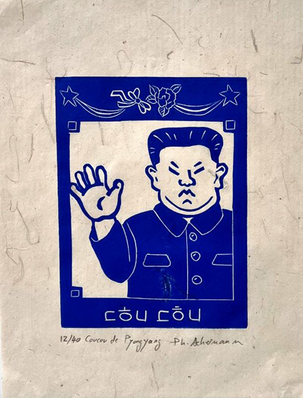 Gravure figuratif petit format bleu COUCOU DE PYONGYANG – PHILIPPE ACHERMANN – 18 × 24 cm