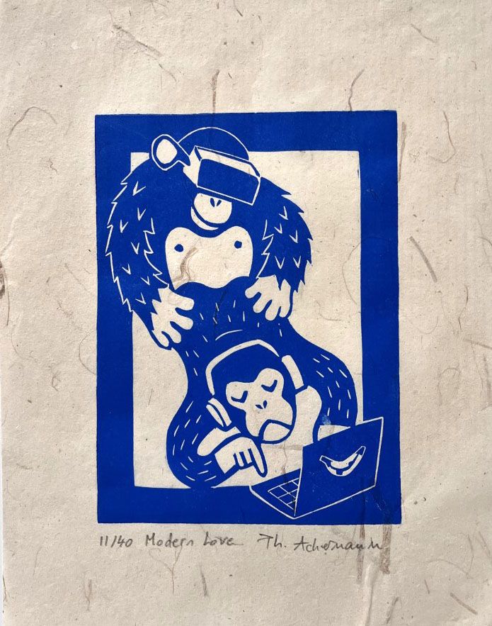 Gravure figuratif petit format bleu MODERN LOVE – PHILIPPE ACHERMANN – 18 × 24 cm