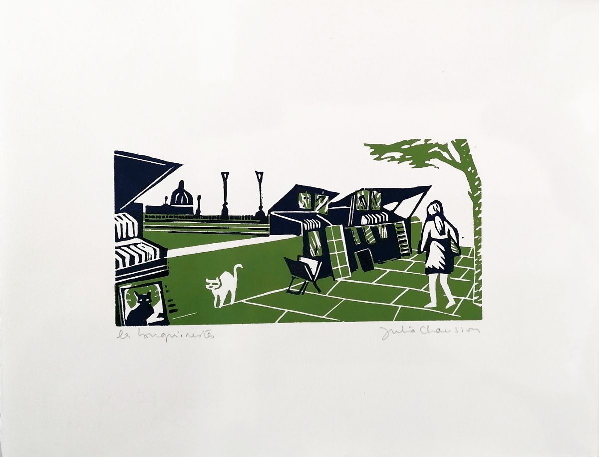 Gravure figuratif petit format bleu et vert LES BOUQUINISTES – JULIA CHAUSSON – 33 × 25 cm