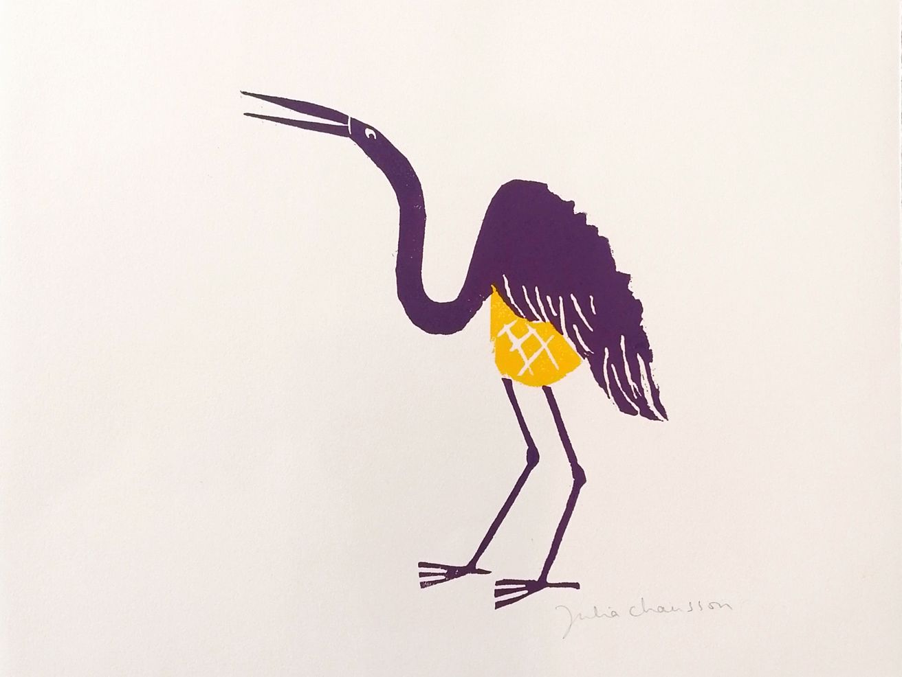 Gravure figuratif petit format jaune et violet LA GRUE ET LA GALETTE – JULIA CHAUSSON – 33 × 25 cm