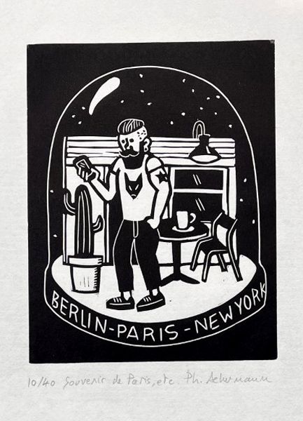 Gravure figuratif petit format noir SOUVENIR DE PARIS ETC... – PHILIPPE ACHERMANN – 18 × 24 cm