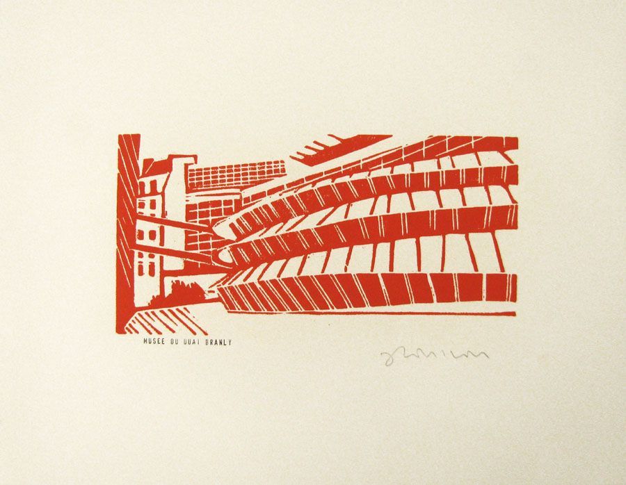 Gravure figuratif petit format rouge MUSÉE DU QUAI BRANLY (bleu) – JULIA CHAUSSON – 33 × 25 cm