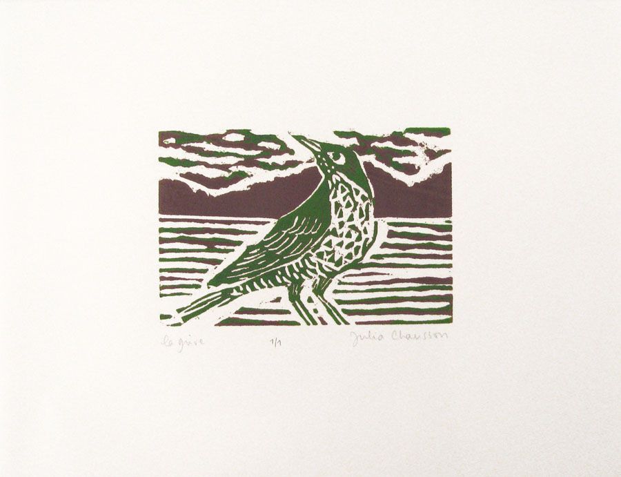 Gravure figuratif petit format vert LA GRIVE – JULIA CHAUSSON – 33 × 25 cm