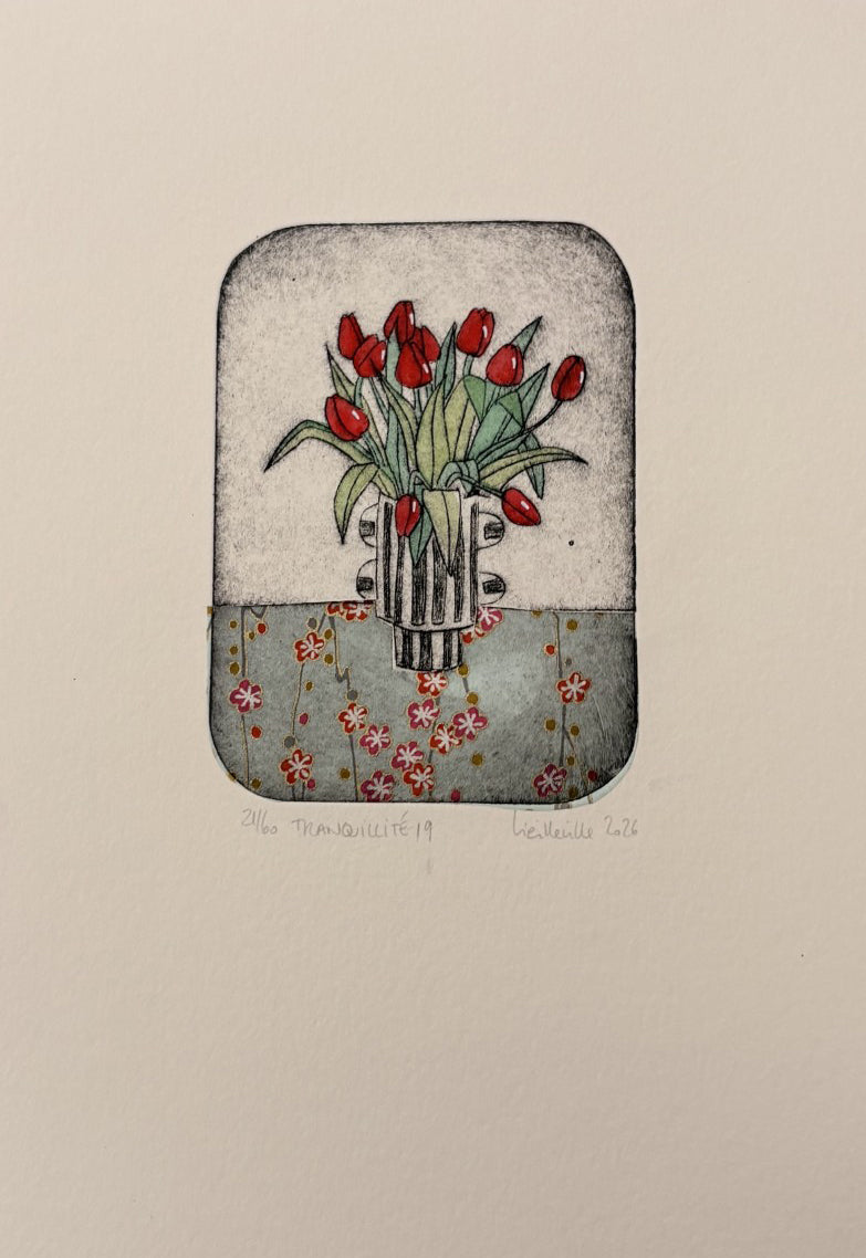 Gravure fleur petit format rouge Tranquilité 19 - 21/60 – NAVIEILLEVILLE – 27 × 18 cm