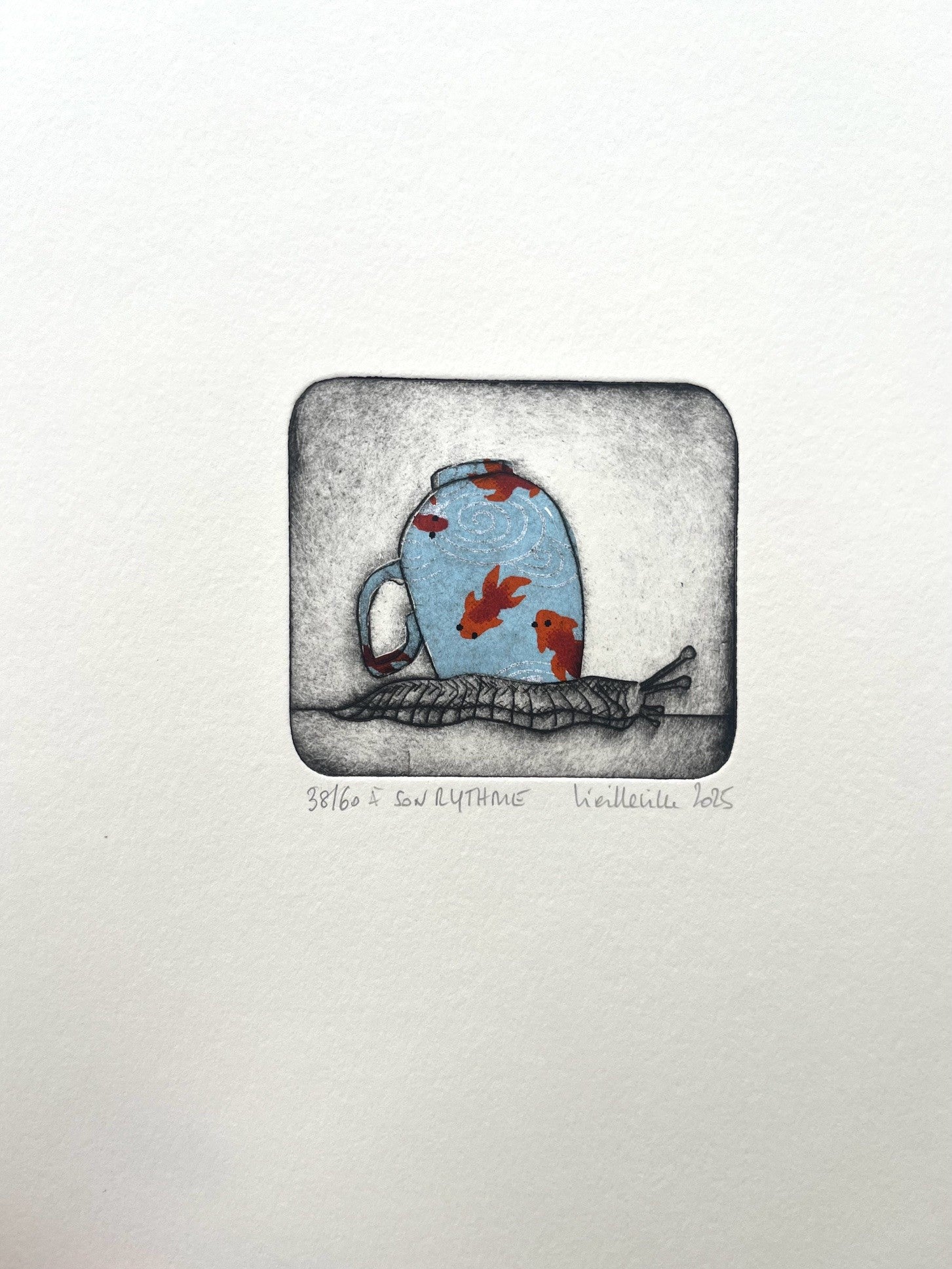 Gravure gravure petit format bleu à son rythme - 38/60 – NAVIEILLEVILLE – 27 × 18 cm