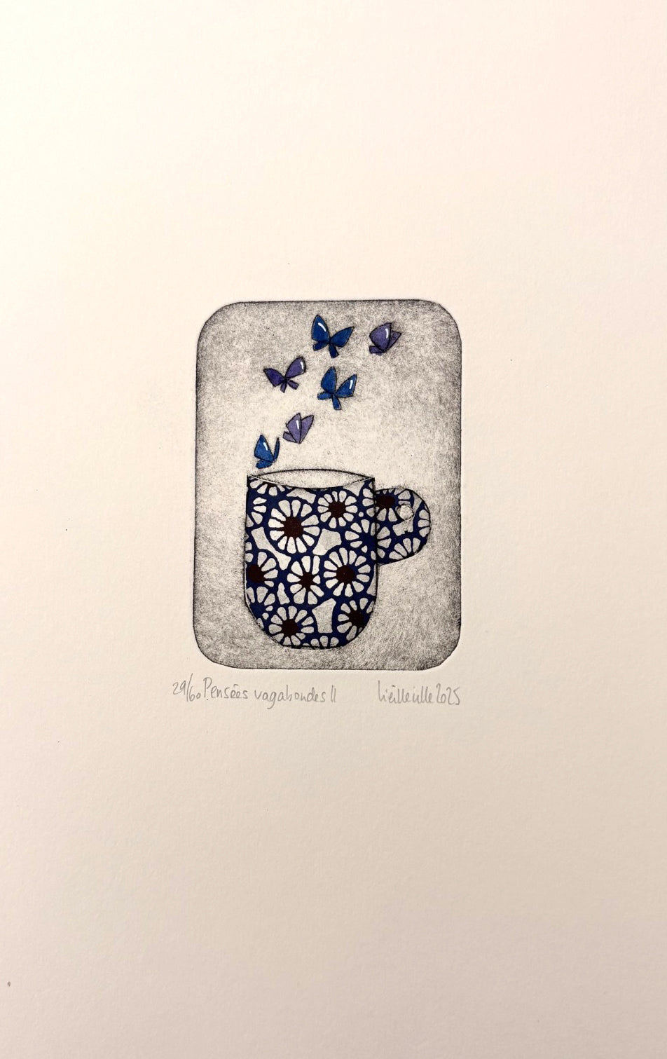 Gravure gravure petit format bleu Pensées vagabondes II - 29/60 – NAVIEILLEVILLE – 27 × 18 cm