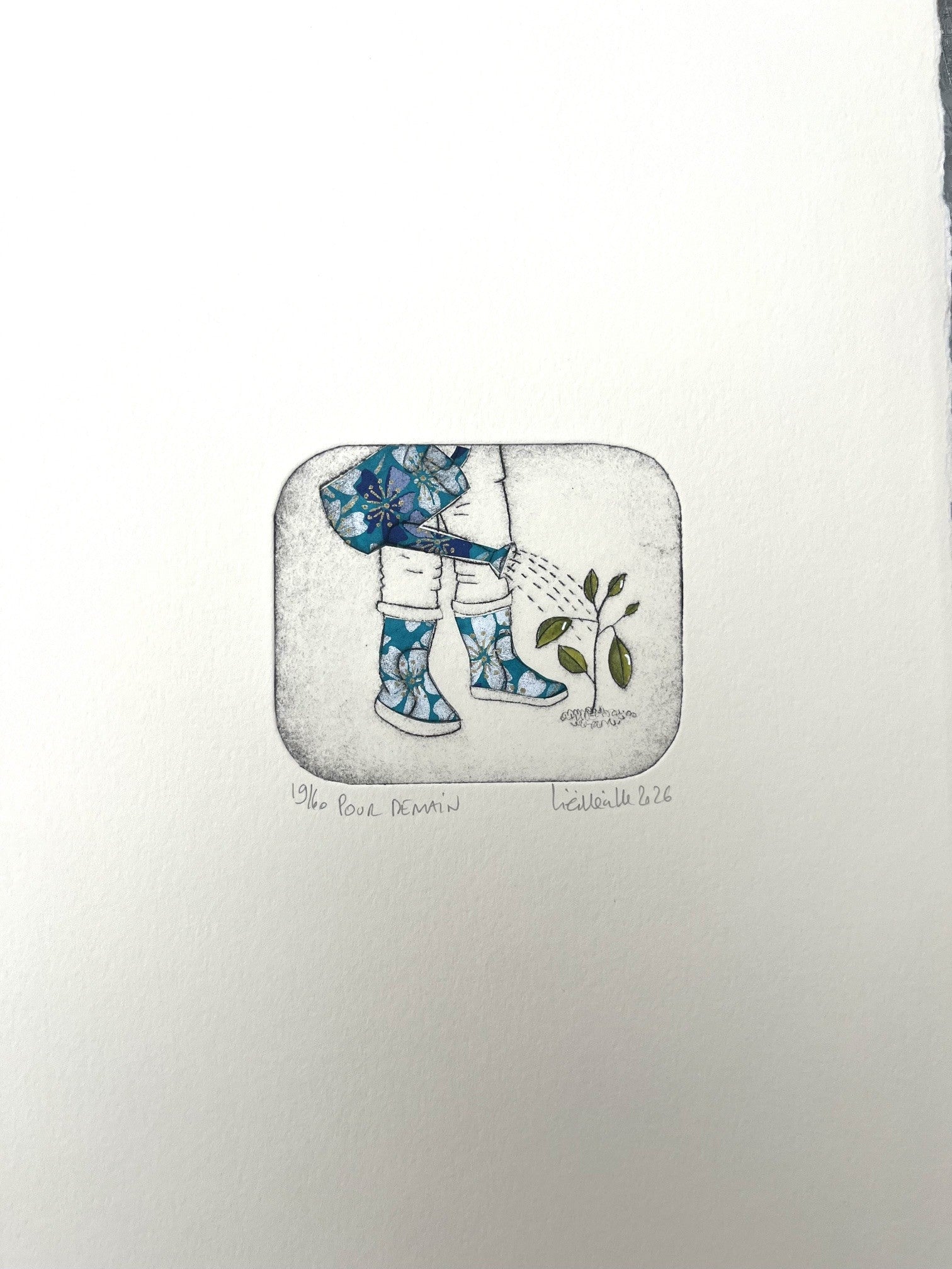 Gravure gravure petit format bleu Pour demain - 19/60 – NAVIEILLEVILLE – 27 × 18 cm