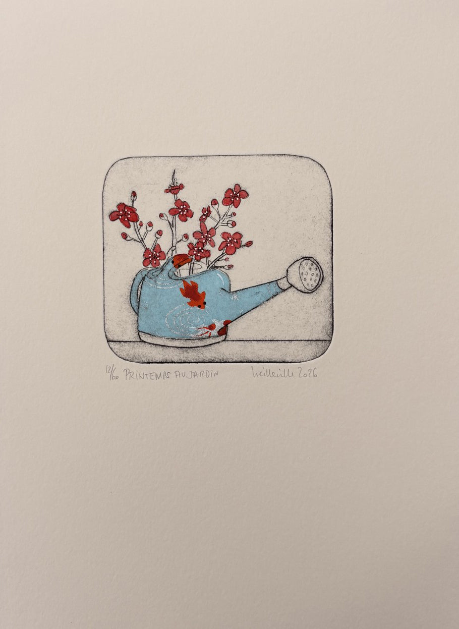 Gravure gravure petit format bleu Printemps au jardin - 12/60 – NAVIEILLEVILLE – 27 × 18 cm