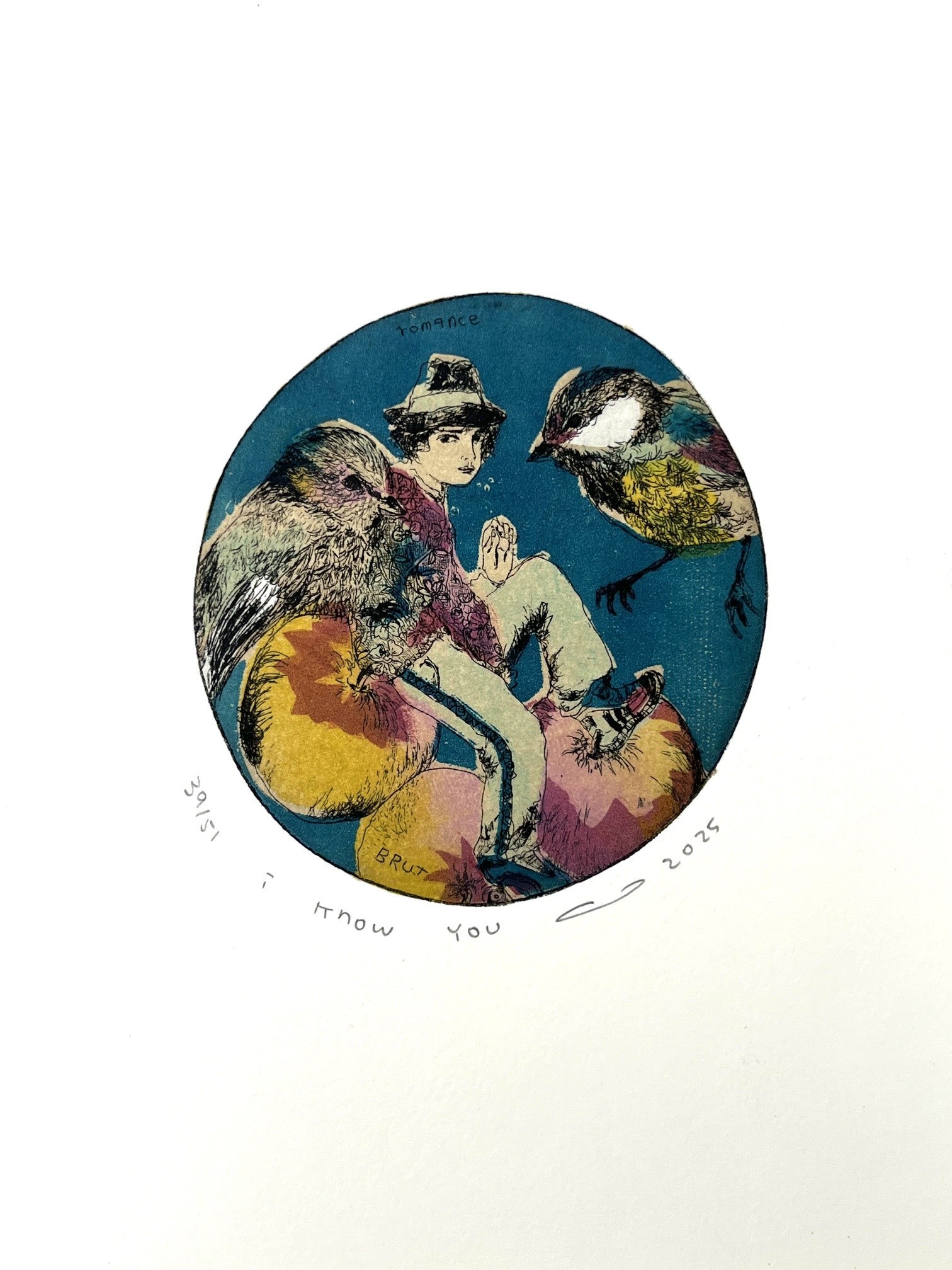 Gravure gravure petit format bleu et ocre i know you – ATSUKO ISHII – 21 × 15 cm
