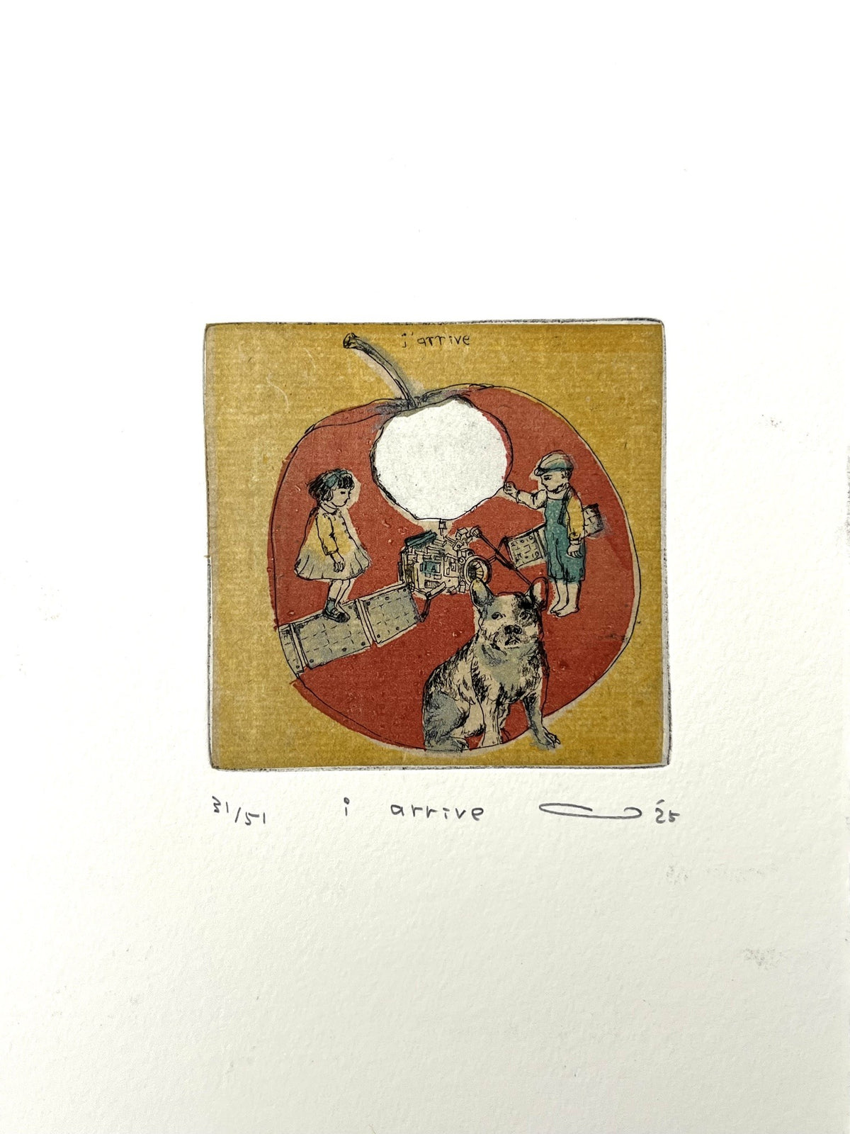 Gravure gravure petit format ocre et rouge i arrive – ATSUKO ISHII – 21 × 15 cm