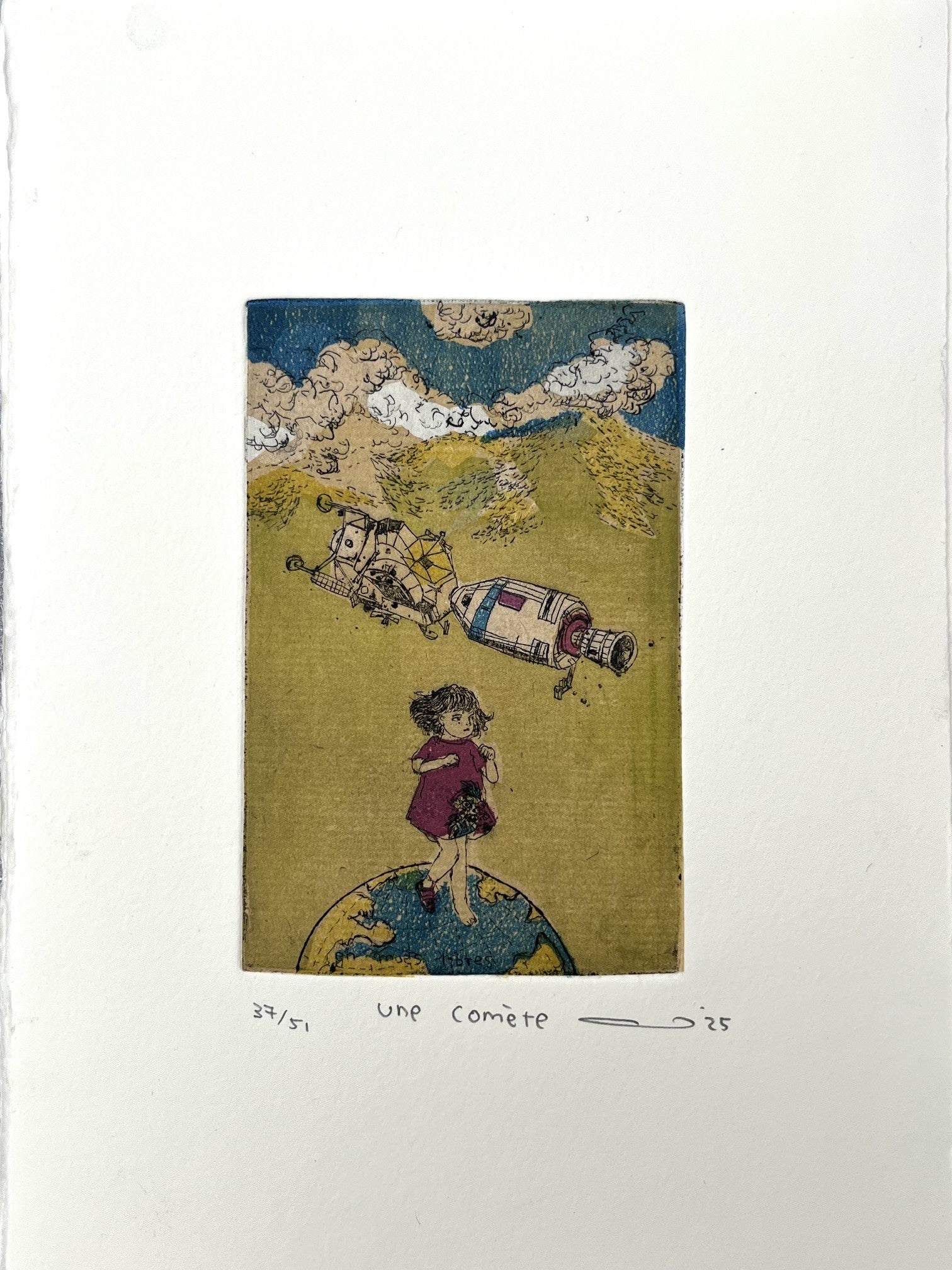 Gravure gravure petit format ocre et vert une comète – ATSUKO ISHII – 21 × 15 cm