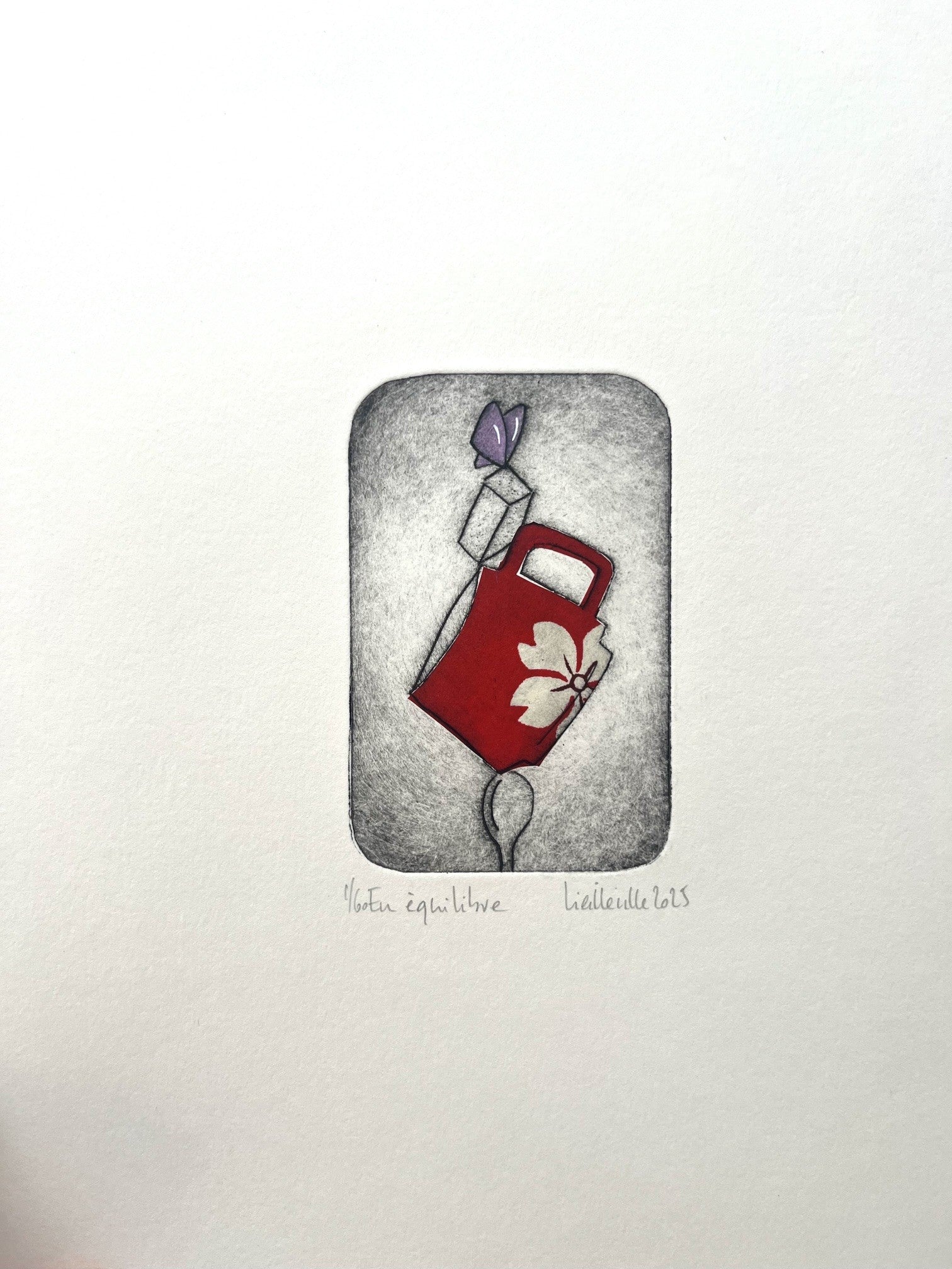 Gravure gravure petit format rouge En équilibre - 1/60 – NAVIEILLEVILLE – 27 × 18 cm
