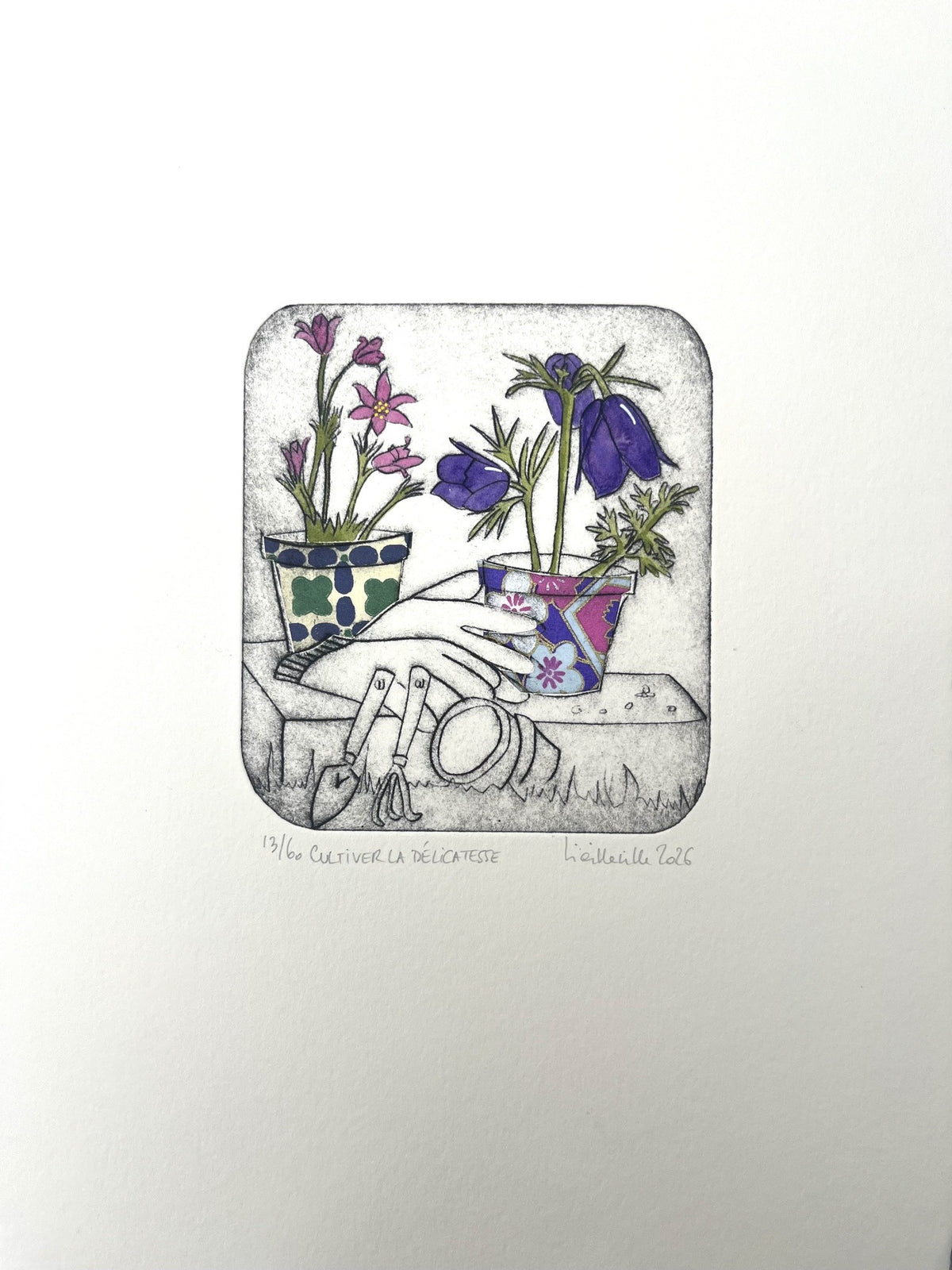 Gravure gravure petit format violet Cultiver la délicatesse - 13/60 – NAVIEILLEVILLE – 27 × 18 cm