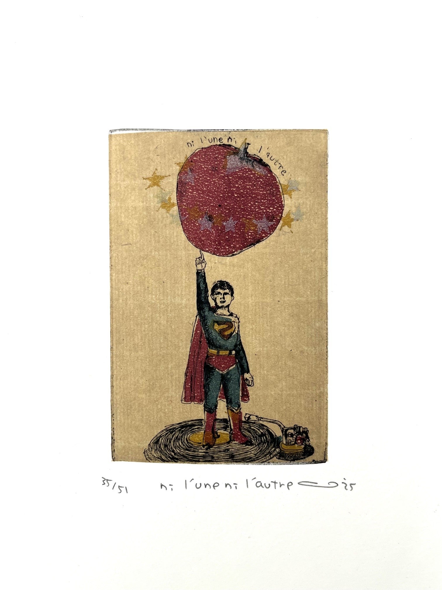 Gravure super-héros petit format ocre ni l'une ni l'autre – ATSUKO ISHII – 21 × 15 cm