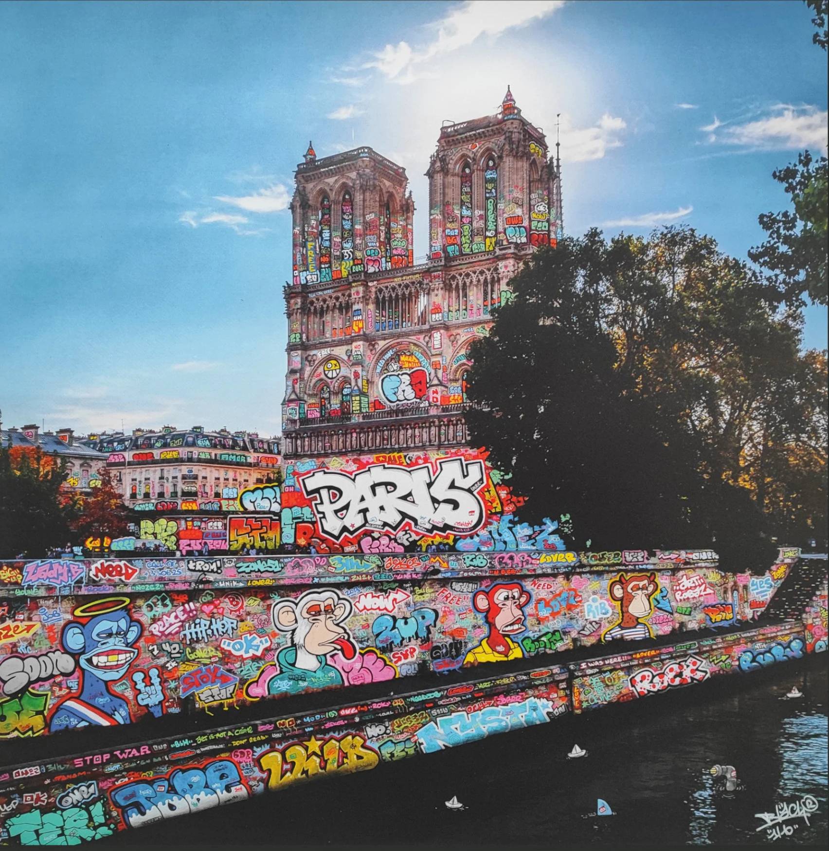 Tableau de BLACH a pour titre  Notre Dame de Paris French Bored Ape style graffiti, street art dim : BLACHprix:240